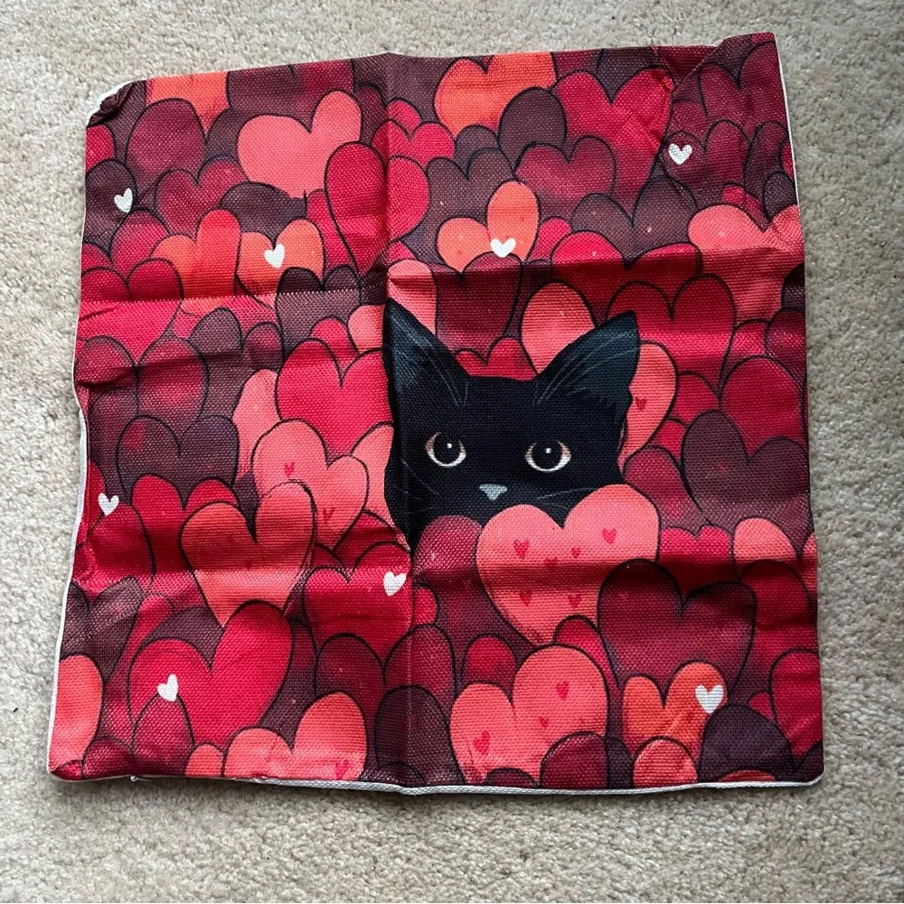 NEW Valentine's Day Red Hearts w/ Black Cat Pillow Cover - 18”x18” - Poly Burlap